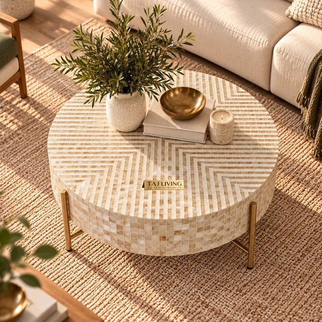 Mother of Pearl Inlay Round Coffee Table, Luxury Handmade Mosaic Coffee Table Main Image
