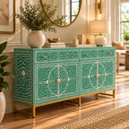 Leheriya Mother of Pearl Inlay Buffet Cabinet, Sea Green 2 Drawer 4 Door Sideboard