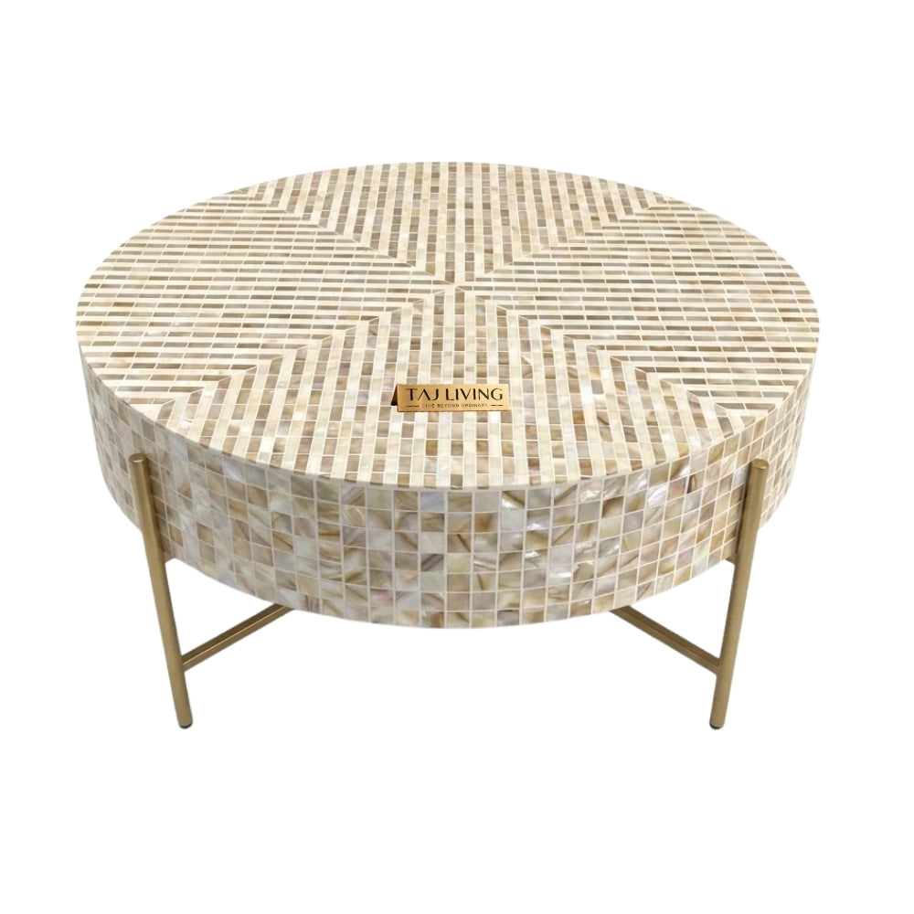 Mother of Pearl Inlay Round Coffee Table, Luxury Handmade Mosaic Coffee Table