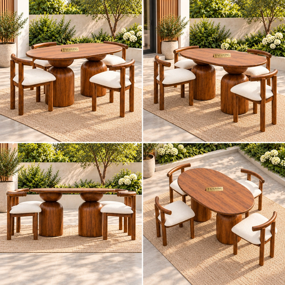Darbar Wood Round Table with 4 Matching Chairs Dining Set