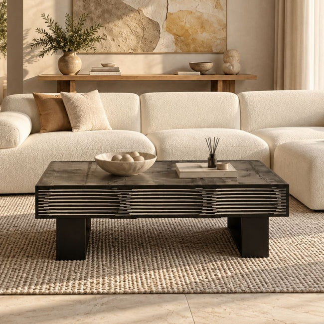 Black Bone Inlay Rectangular Coffee Table with Brass Legs Hover Image