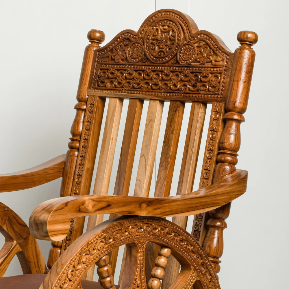 Tajliving Hand-Carved Solid Teak Wood Rocking Chair – Natural Finish