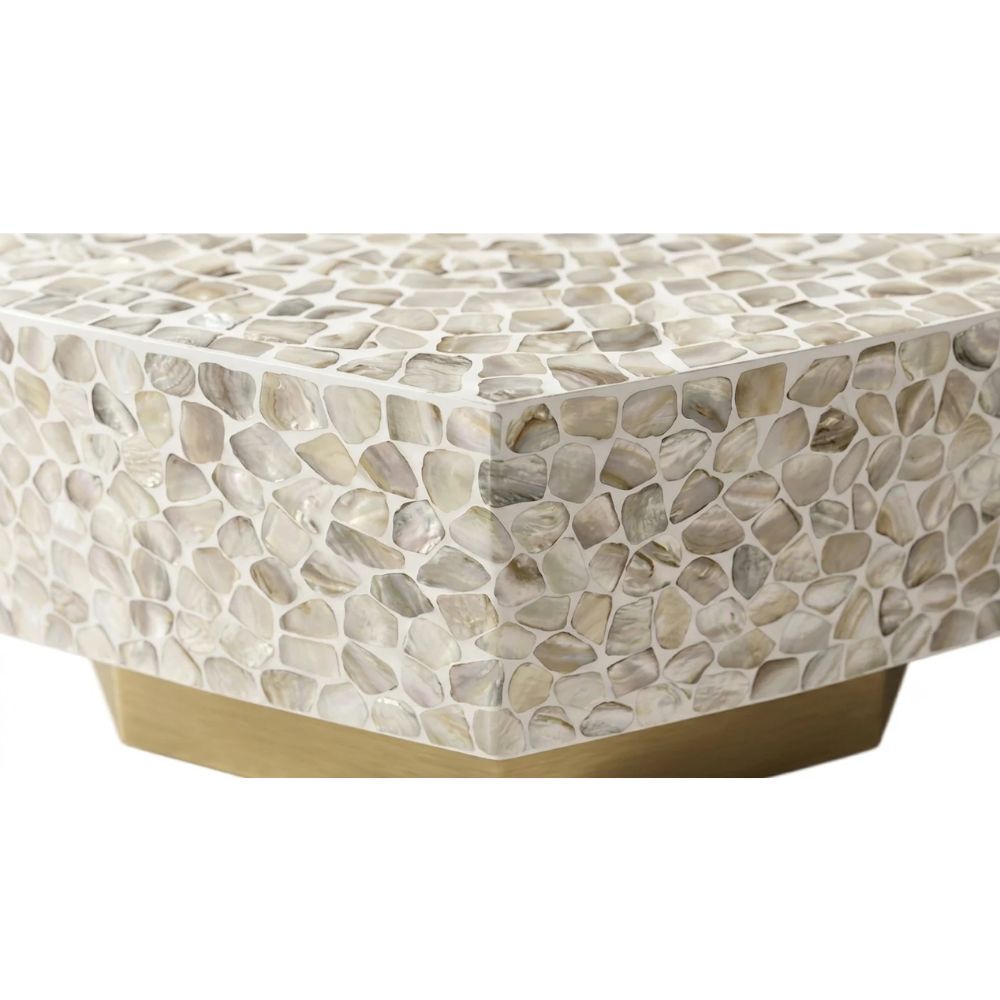 Mother of Pearl Inlay Hexagon Coffee Table – White with Brass Base