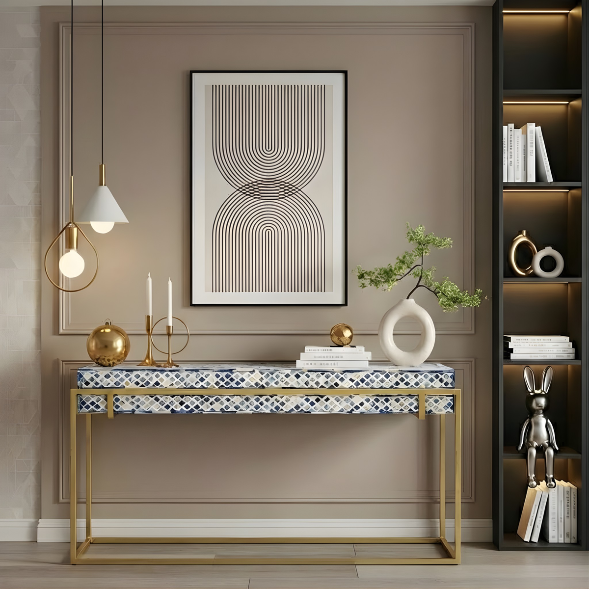 Dharohar Blue Bone Inlay Console Table - Geometric Pattern