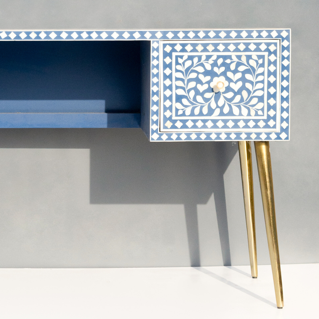 Handmade Bone inlay Floral Study Desk / Console Table and Brass-Finished Legs