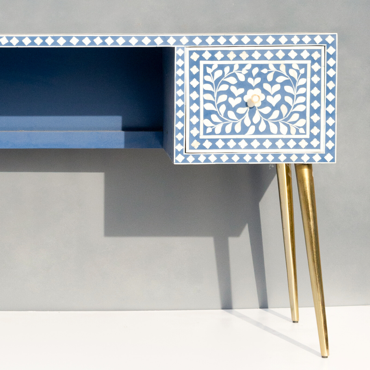 Handmade Bone inlay Floral Study Desk / Console Table and Brass-Finished Legs