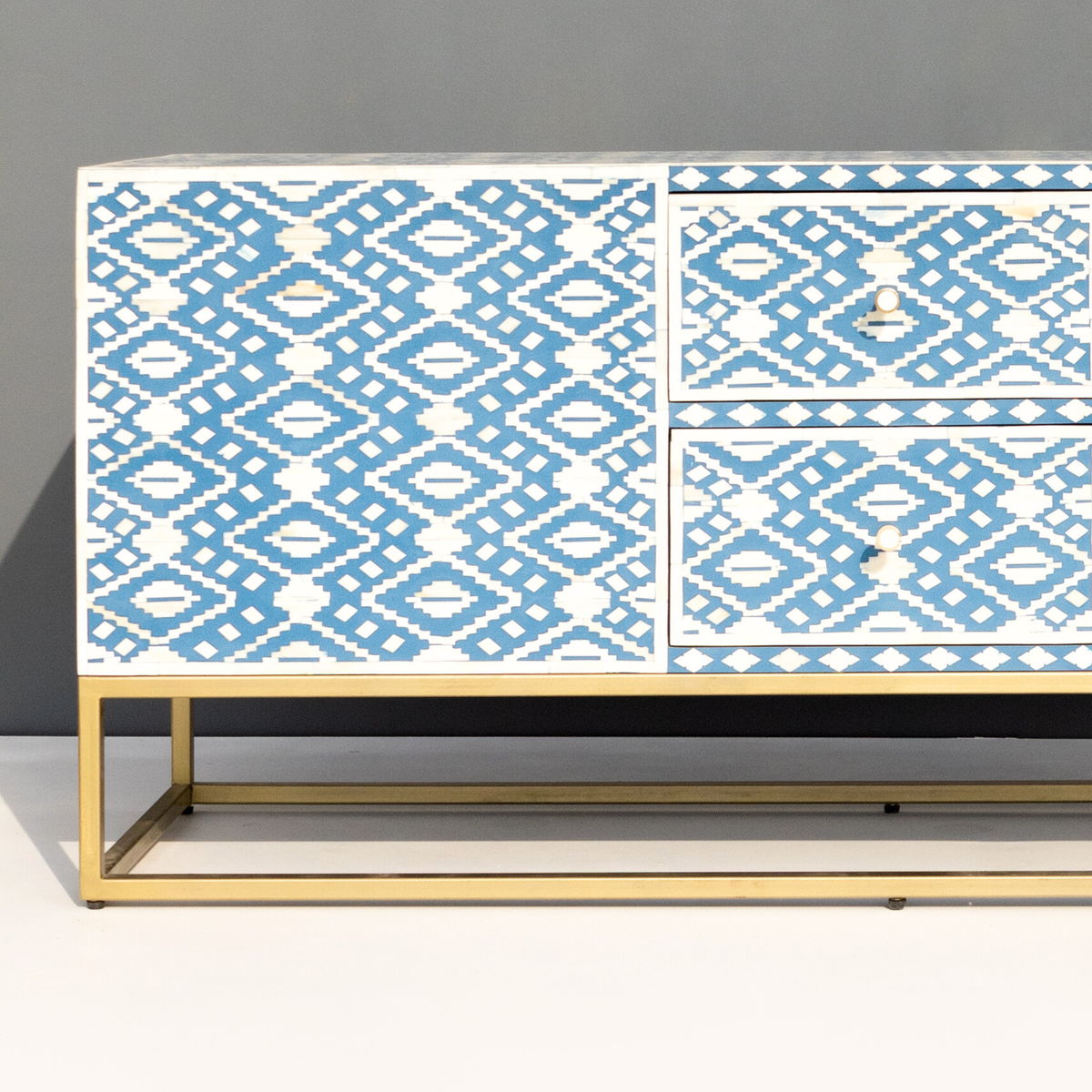 Bone Inlay TV Unit 2 Central Drawers with 2 Side Cabinets Metal Base