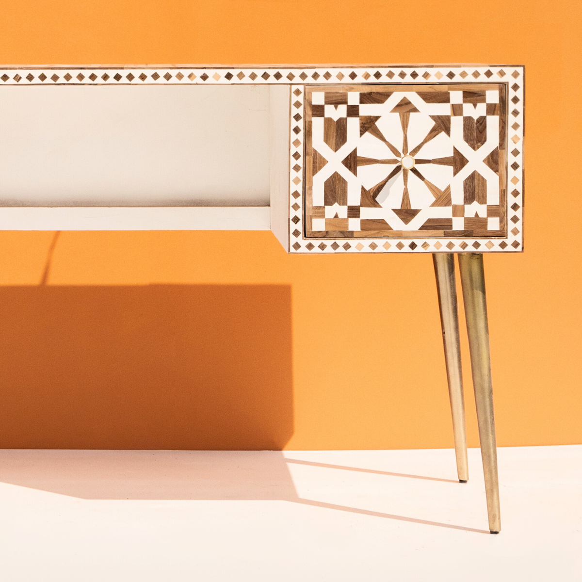 Bone Inlay 2 Drawers Study Office Desk Moroccan Pattern
