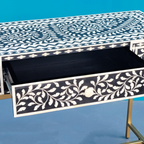 Regal Black & White Floral Bone Inlay Console Table with Gold-Finish Base