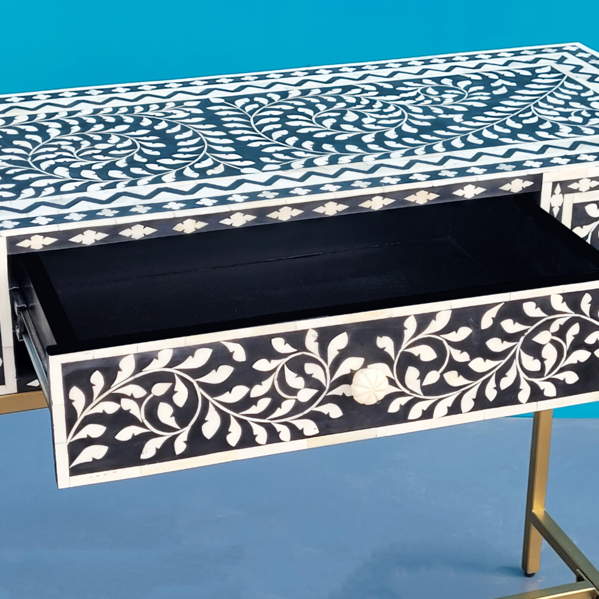 Regal Black & White Floral Bone Inlay Console Table with Gold-Finish Base