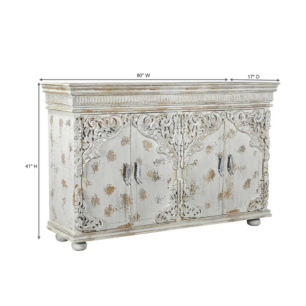 Darbar Hand Painted White Sideboard Cabinet with Crackle Finish
