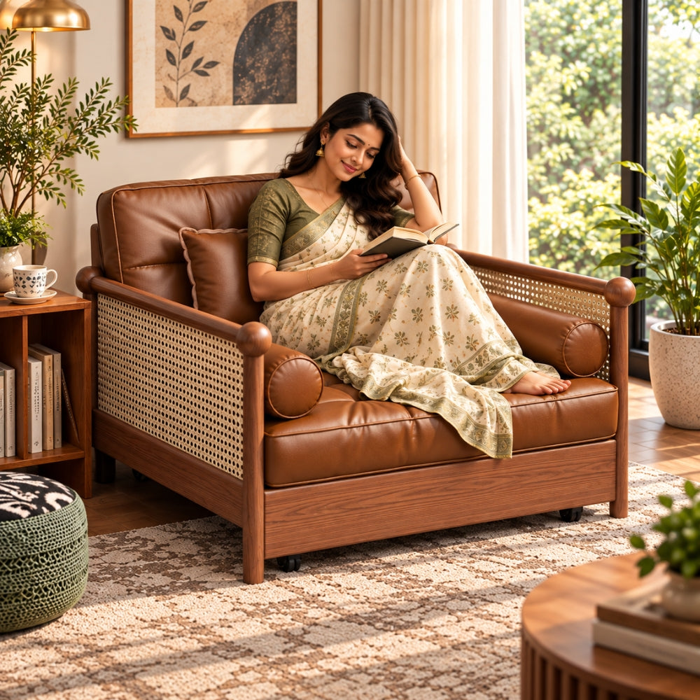 Rattan Weaving Armrests Leatherette Fabric Retro Sofa Bed with Underneath Storage