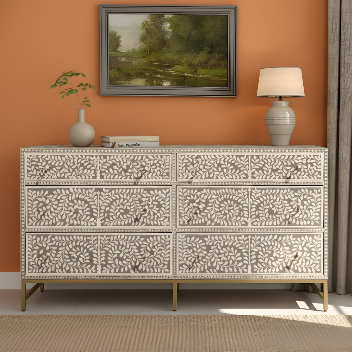 Luxury Grey Bone Inlay Chest of 6 Drawers with Floral Design