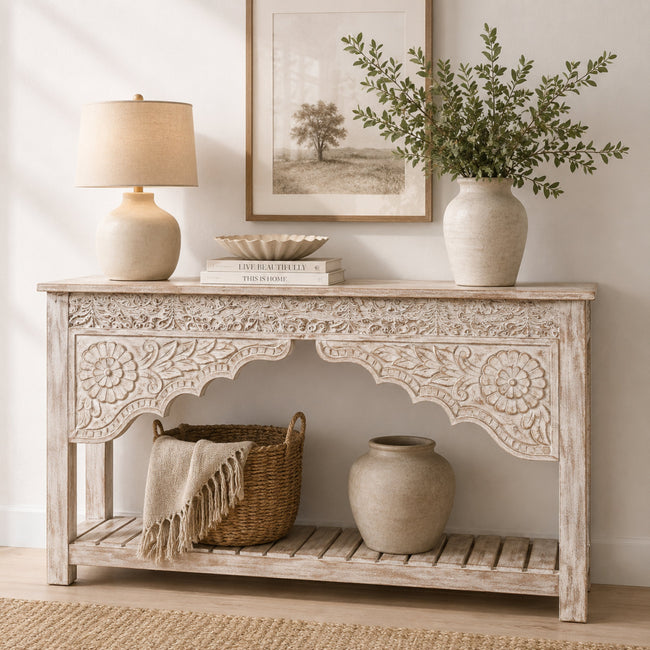 Rajwada Handmade White Wash Console Table Hover Image