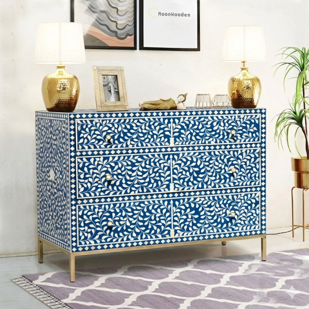 Mewarika Blue & White Bone Inlay Chest 6 Drawer Floral Pattern