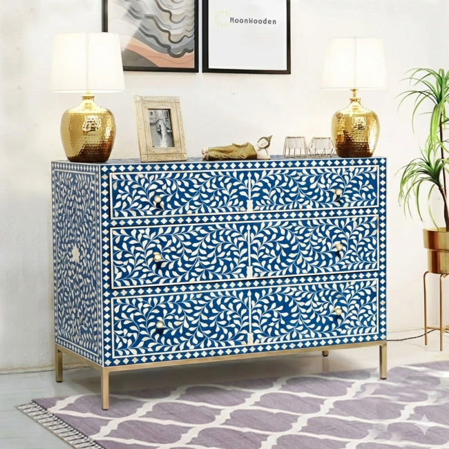 Mewarika Blue & White Bone Inlay Chest 6 Drawer Floral Pattern Hover Image