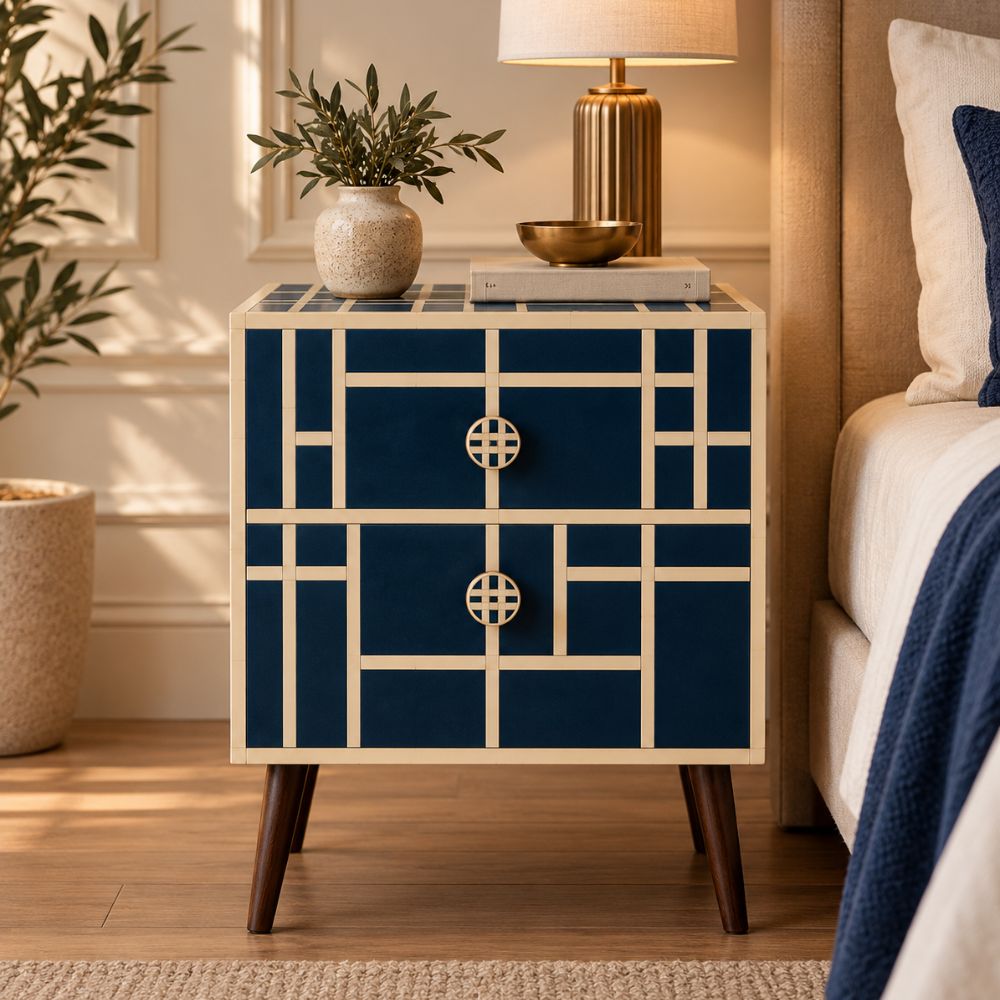 Mid Century Modern Nightstand | Navy Bone Inlay Bedside Table