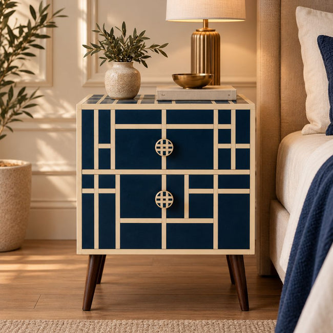 Mid Century Modern Nightstand | Navy Bone Inlay Bedside Table Hover Image