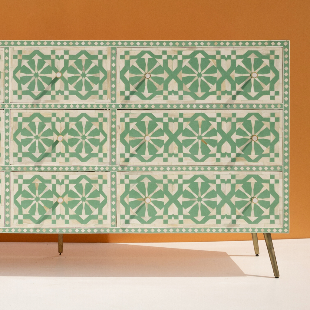 Bone Inlay Chest of 9 Drawers ( Mint Green )