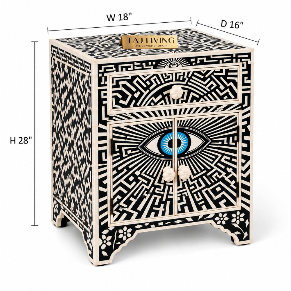 Kashvi Handmade Bone Inlay Nightstand | Black Floral Round Bedside Table