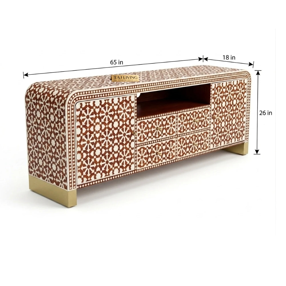 Bone Inlay Orange & White 4-Drawer 2-Door TV Unit Cabinet with Open Shelf