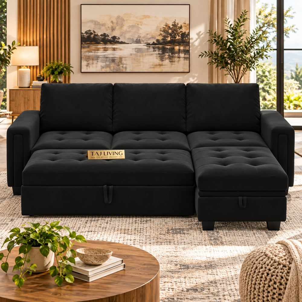 3-Seater Pull-Out Sofa Cum Bed with Storage Velvet Ottoman
