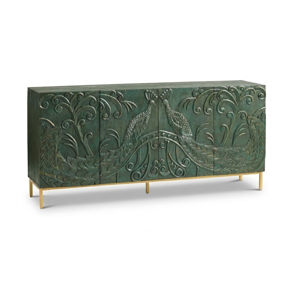 Vasudha Carved Wood Peacock 4 Door Storage Sideboard