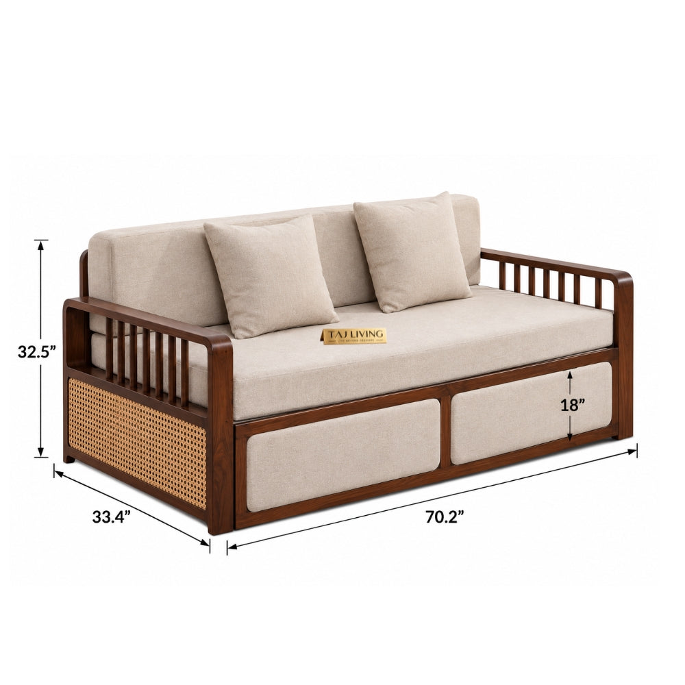 Vaastu 3-Seater Teak Wood Sofa Cum Bed in Premium Upholstery with Cane Weaving & Brass Accents