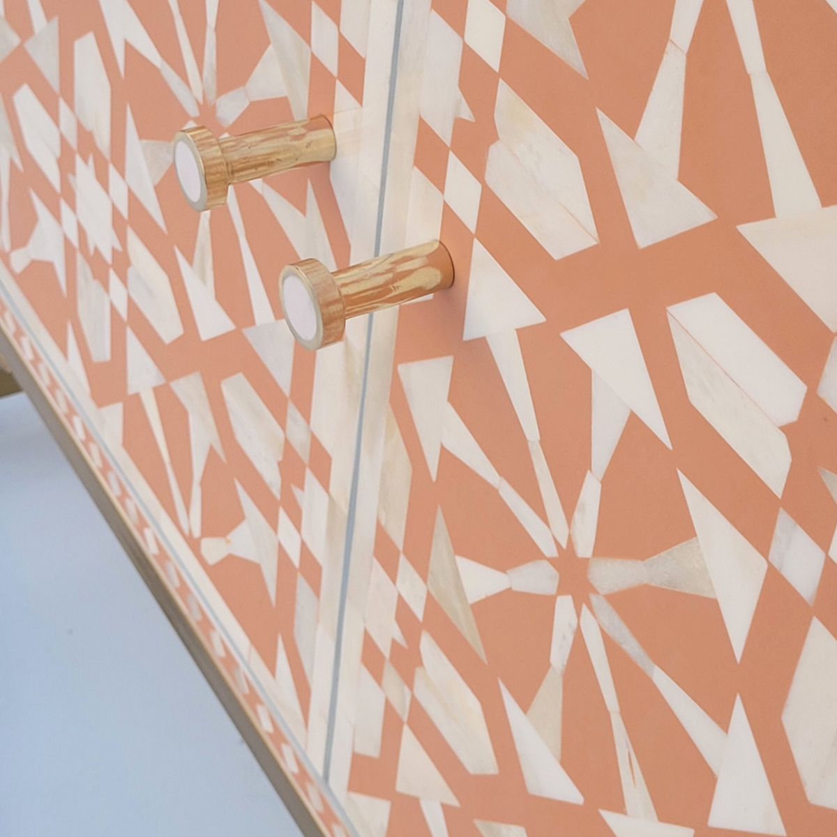 Nakashi Bone Inlay Floral Pattern Orange Cabinet with Metal Base