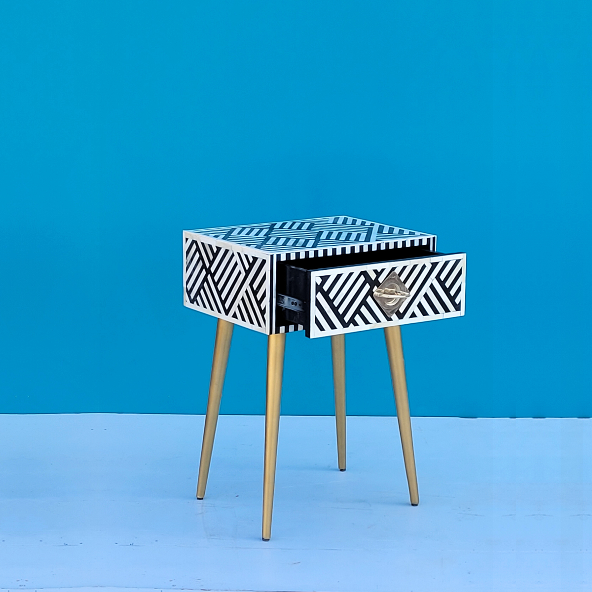Charbagh Bone Inlay 1 Drawer Bedside Table Gold-Finish Legs