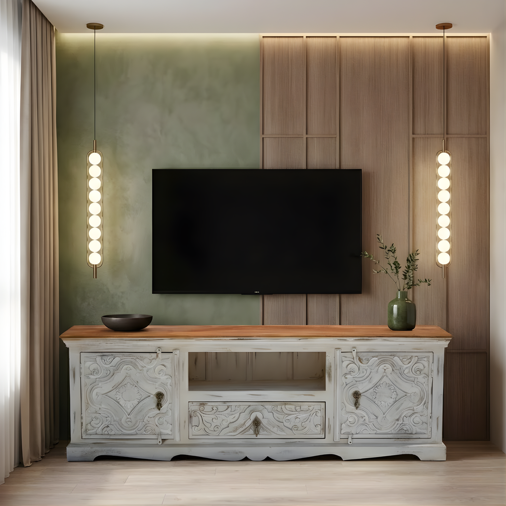 Riwaayat Carved Wood TV Console with Shelves Mandala Pattern