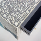 Virasat Grey & White Floral Bone Inlay Chest of 3 Drawer with French Colonial Curved Legs