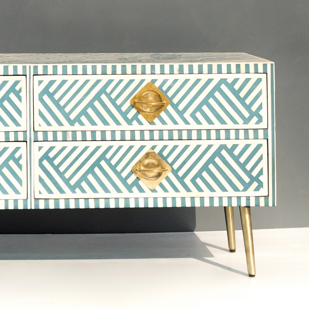 Handmade Bone inlay Media Console Table with Brass Knobs