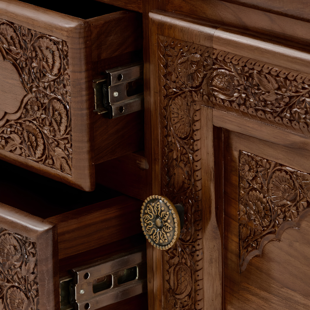 Rajwada Hand-Carved Wooden Sideboard – 6-Drawer & 2-Door Ornate Storage Cabinet