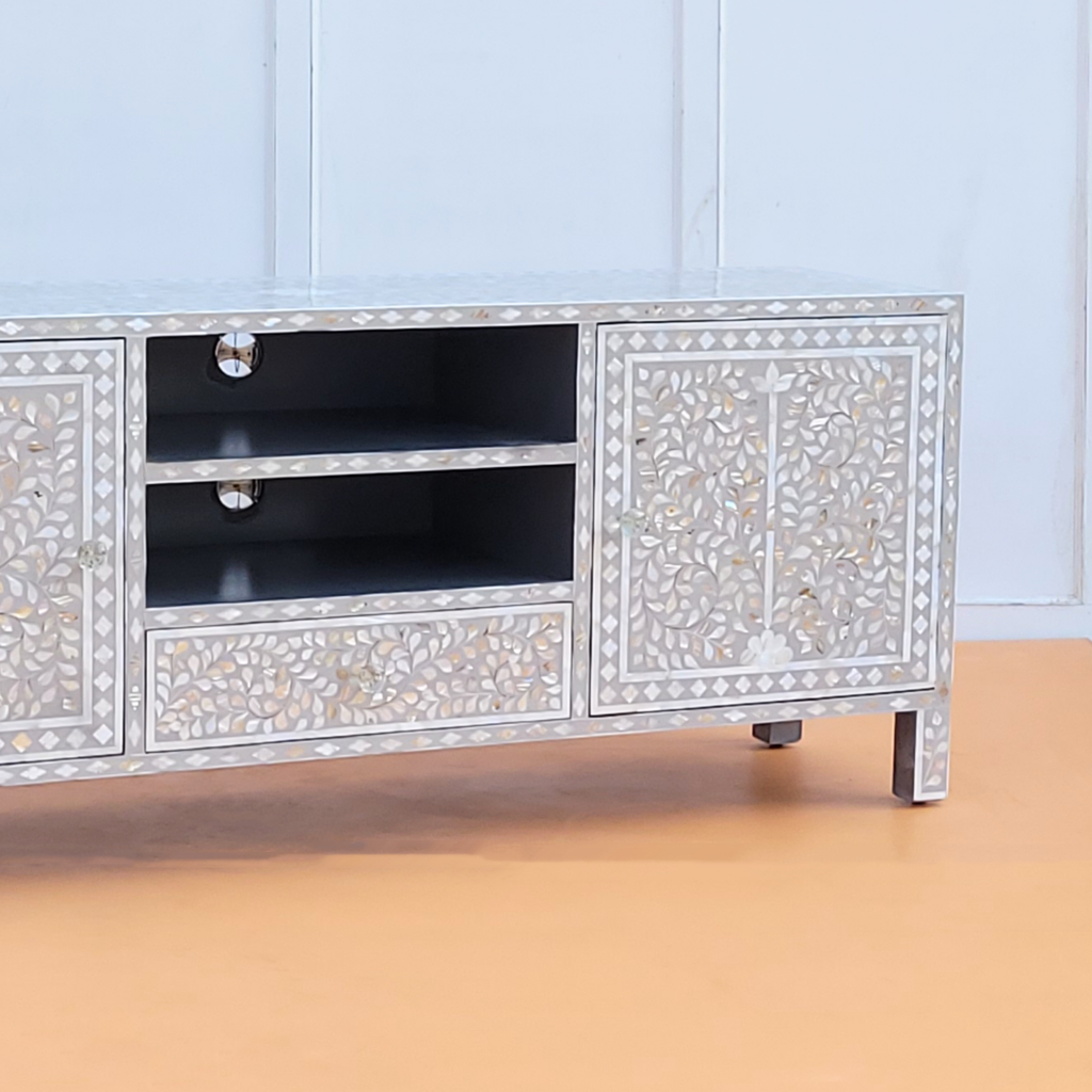 Meher Mother of Pearl inlay 2 Open Shelves and 2 Side Cabinet Media Console