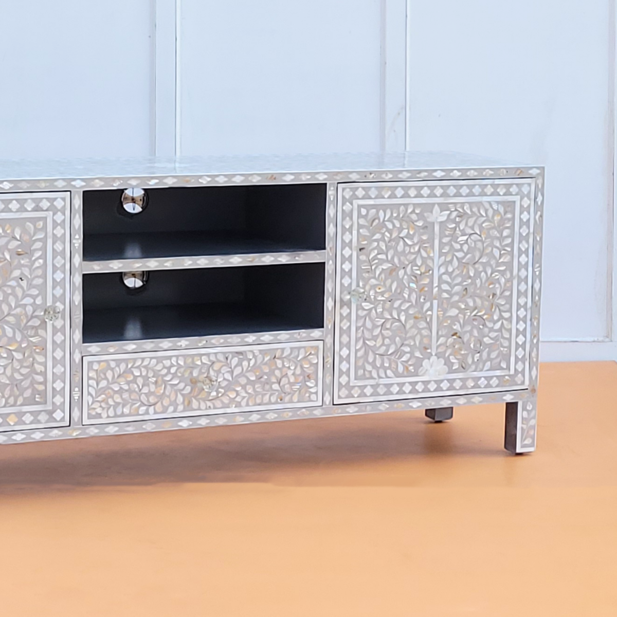 Meher Mother of Pearl inlay 2 Open Shelves and 2 Side Cabinet Media Console