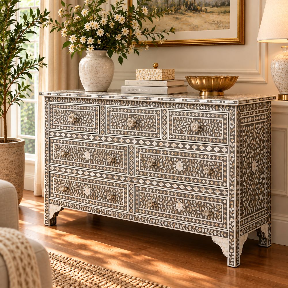 Charbagh Grey & White Floral Mother of Pearl Sideboard – Handcrafted 7-Drawer Cabinet