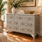 Charbagh Grey & White Floral Mother of Pearl Sideboard – Handcrafted 7-Drawer Cabinet