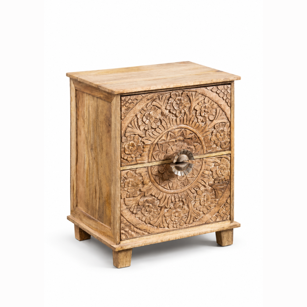 Kesari Hand-Carved Solid Mango Wood Bedside Table