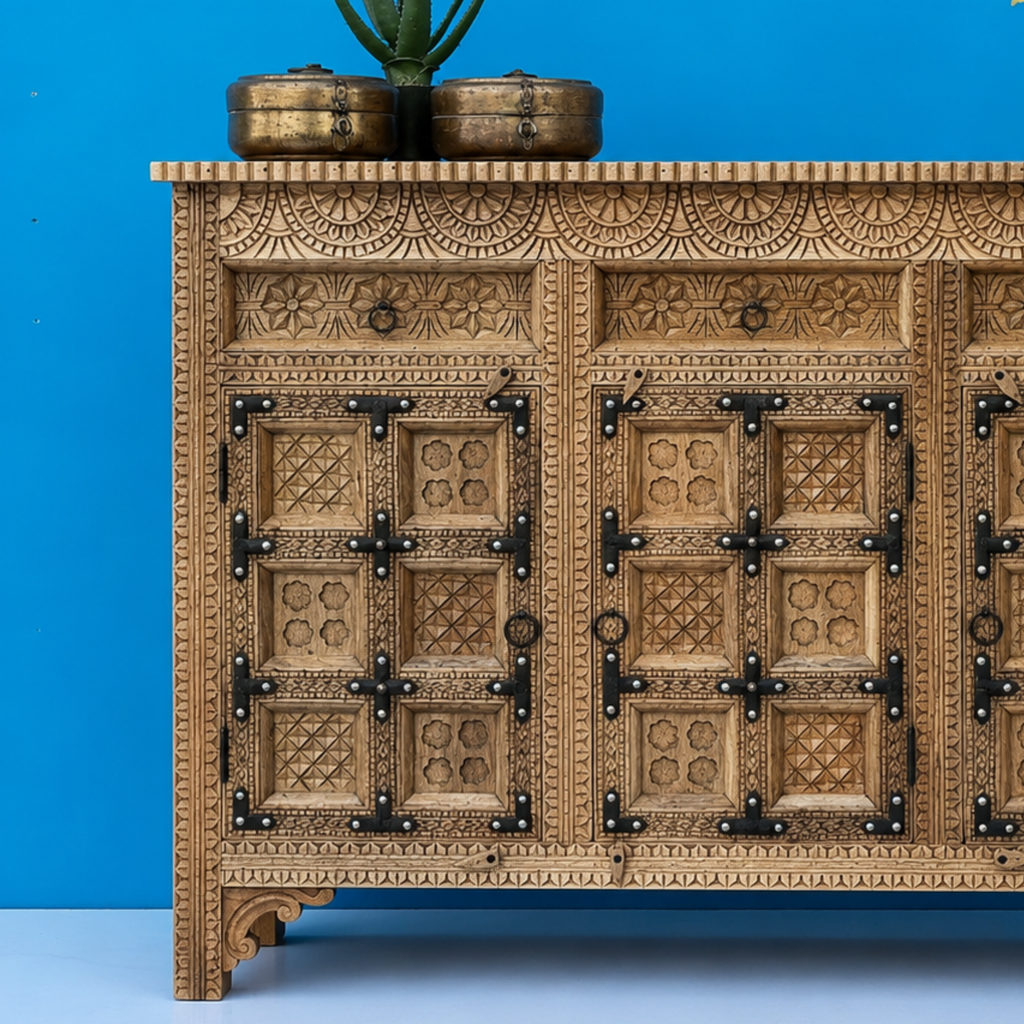 Royal Carved Solid Mango Wood Sideboard Storage Cabinet