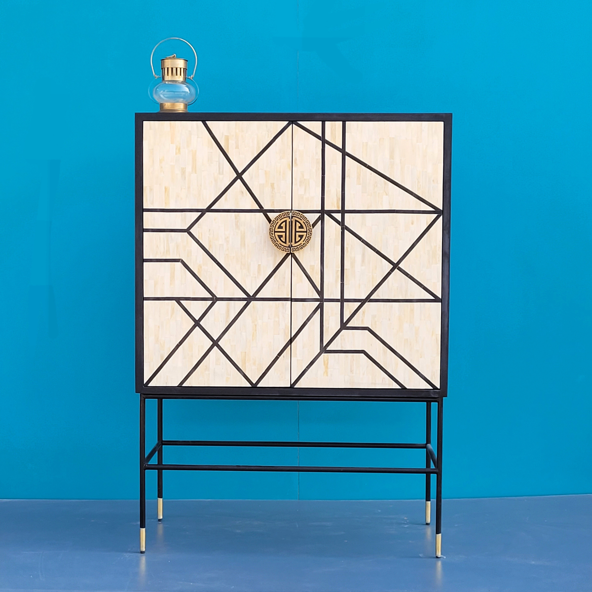 Kashvi Black & White Bone Inlay 2-Door Cabinet – Geometric Design