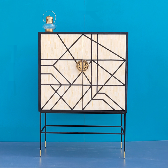 Kashvi Black & White Bone Inlay 2-Door Cabinet – Geometric Design Main Image