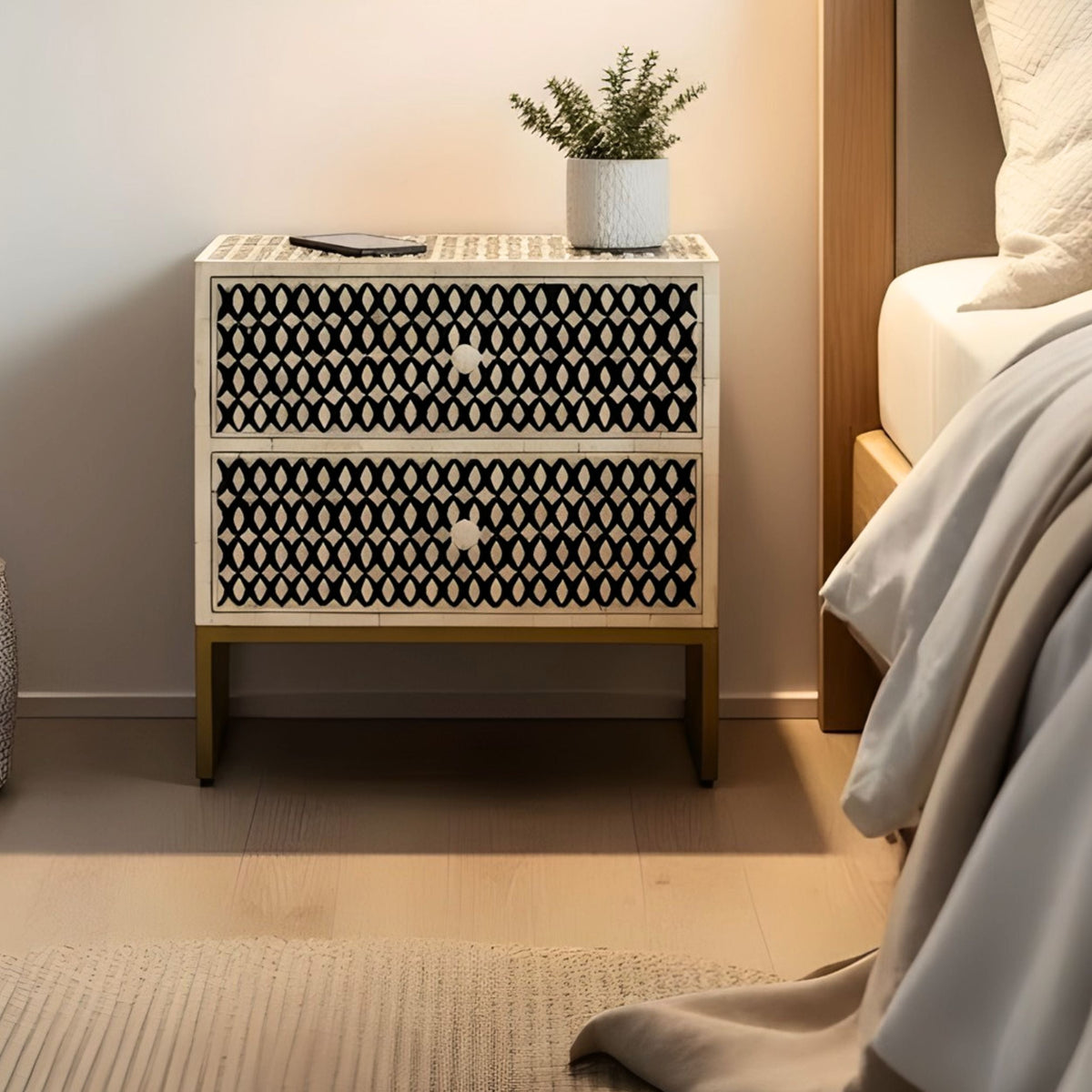 Ghoomar Black & White Geometric Bone Inlay 2-Drawer Bedside with Gold-Finish Legs
