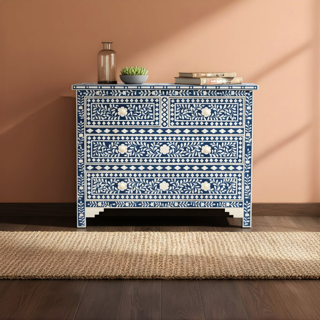 Ranibagh Navy Blue & White Floral Bone Inlay Cabinet