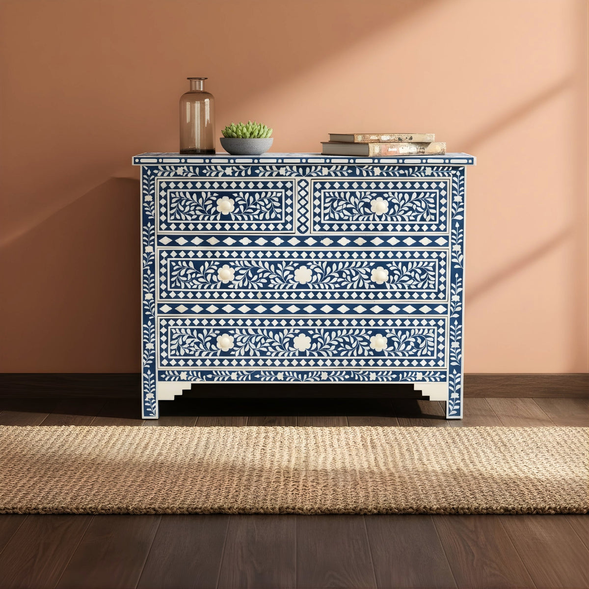 Ranibagh Navy Blue & White Floral Bone Inlay Cabinet