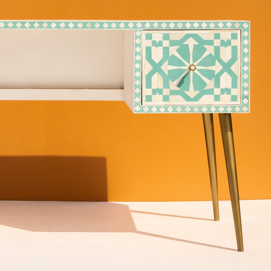 Moroccan Bone Inlay Console / Writing Desk with Gold-Tone Legs