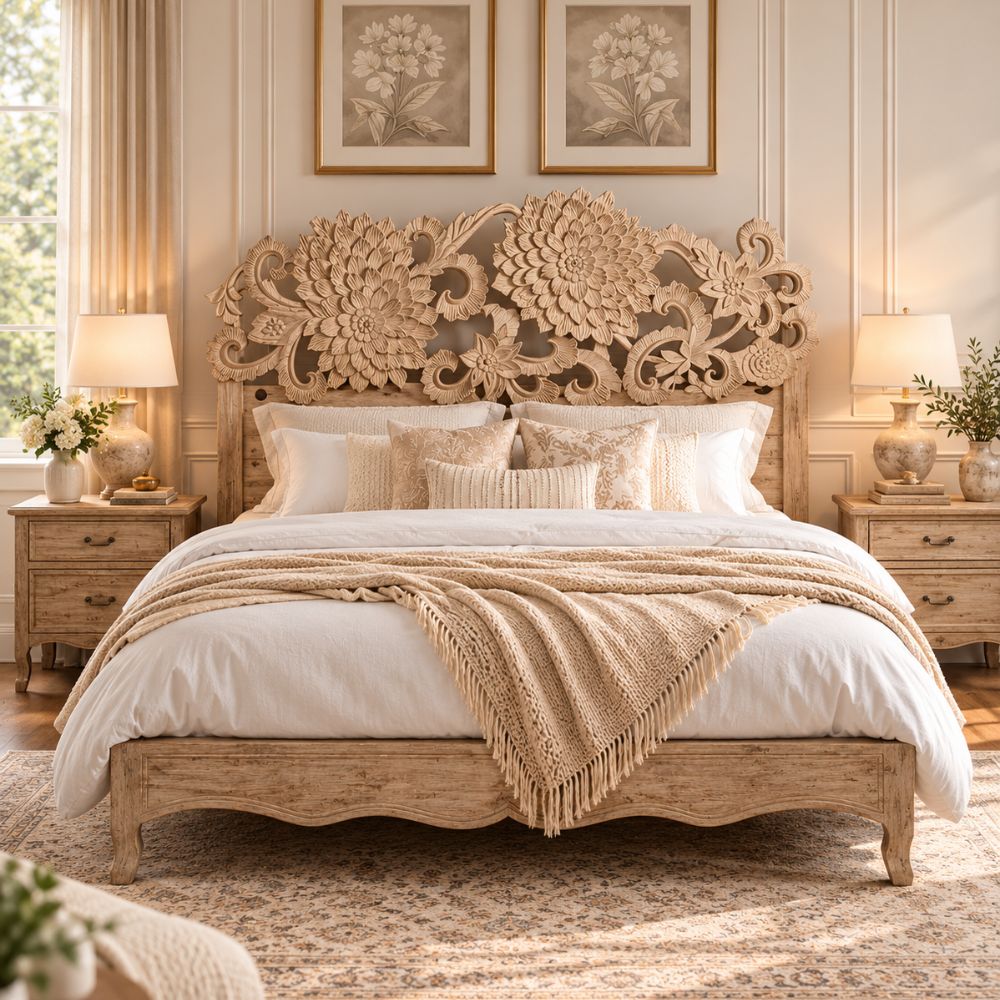 Parampara Hand Carved Solid Mango Wood Floral Bed for Bedroom