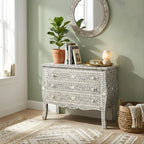 Virasat Grey & White Floral Bone Inlay Chest of 3 Drawer with French Colonial Curved Legs