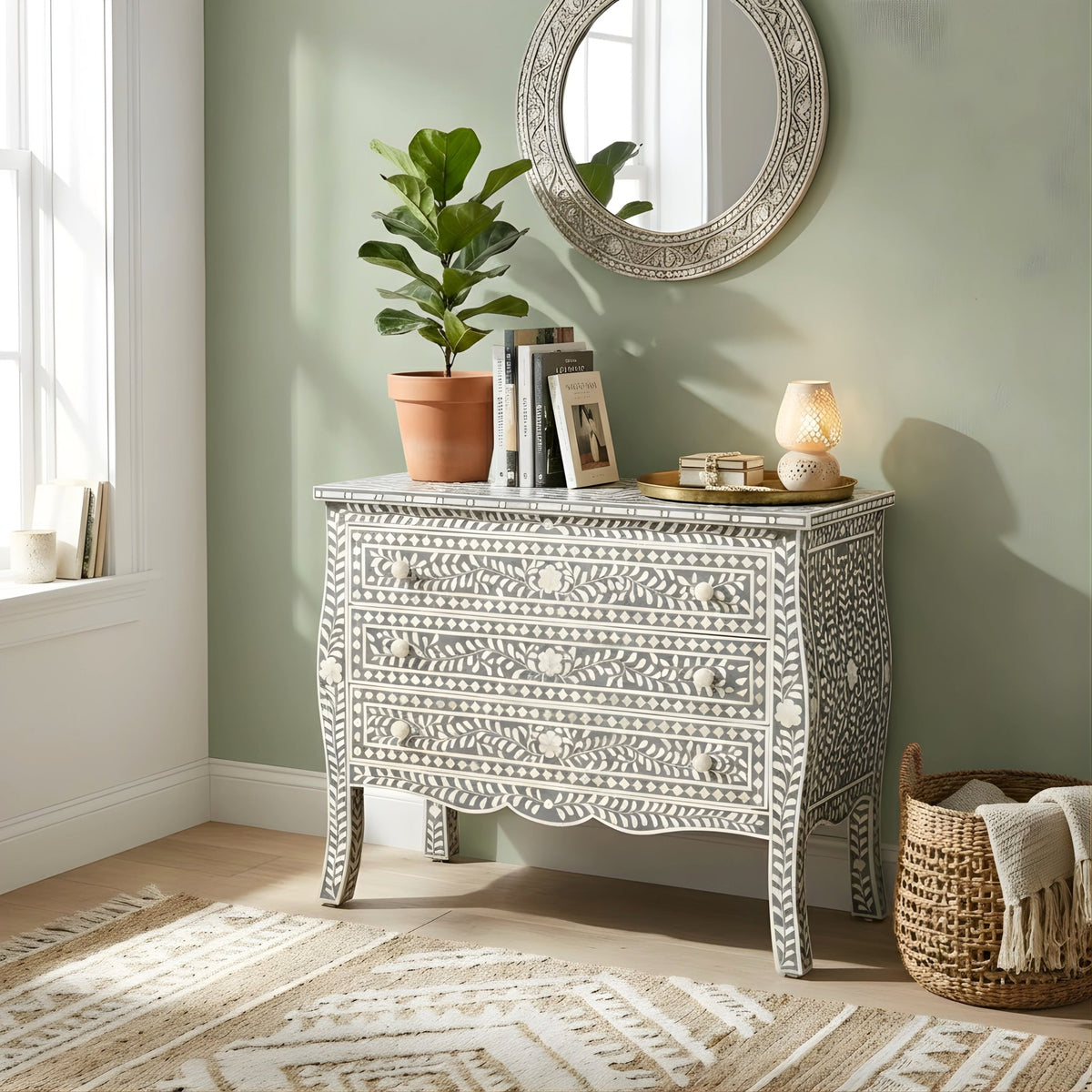 Virasat Grey & White Floral Bone Inlay Chest of 3 Drawer with French Colonial Curved Legs