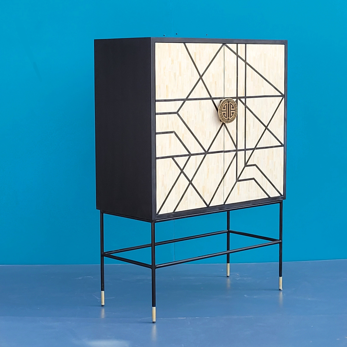 Kashvi Black & White Bone Inlay 2-Door Cabinet – Geometric Design
